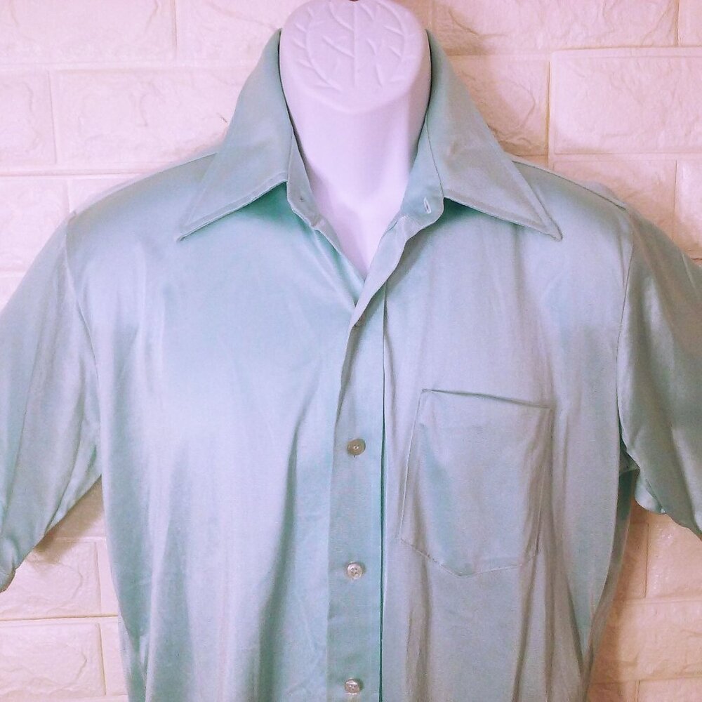 Vintage 60s Ashley Perma-Press Nylon Knit Shirt Men(16) Pocket Dagger Collar SSL